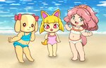 anthro barefoot beach bikini bikini_bralette blonde_hair clothed clothing exposure_variation feet female fur green_eyes group hair kemono midriff navel one-piece_swimsuit open_mouth red_eyes seaside sideless_swimsuit swimwear tan_body tan_fur two-piece_swimsuit young young_anthro komeno gundam gundam_build_divers_re:rise level-5 maple_town yo-kai_watch asha_(gundam_build_divers_re:rise) krystal_fox_(yo-kai_watch) lory_(maple_town) rolly_(maple_town) canid canine canis domestic_dog fox mammal 2021 hi_res