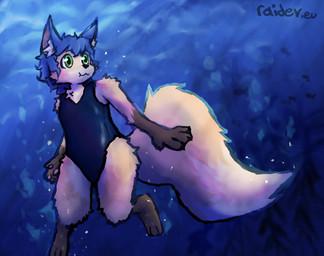 anthro big_tail blue_hair clothing digitigrade fur green_eyes hair holding_breath leg_markings male markings messy_hair one-piece_swimsuit orange_body orange_fur seaweed socks_(marking) solo swimming swimwear tail underwater water young young_anthro raidev erinn_levenor canid canine fox mammal red_fox true_fox hi_res trans_(lore) trans_man_(lore)