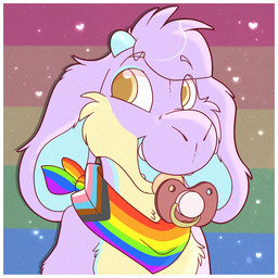 accessory ageplay anthro blue_inner_ear border fur glistening glistening_eyes hair infantilism kerchief lgbt_pride looking_aside multicolored_kerchief multicolored_neckerchief multicolored_neckwear neckerchief neckwear no_pupils object_in_mouth open_mouth open_smile orange_eyes pacifier pacifier_in_mouth pride_color_accessory pride_color_background pride_color_bandanna pride_color_kerchief pride_color_neckerchief pride_color_neckwear pride_colors progress_pride_colors purple_body purple_fur purple_hair rainbow_pride_colors roleplay simple_background six-stripe_rainbow_pride_colors smile solo teeth white_border yellow_body yellow_fur heyitsjaq 1:1 bust_portrait icon portrait