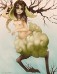 branch breasts brown_hair female goat_ears green_eyes hair horn leaf nipples nude plant solo stringmouse fileece elemental_creature flora_fauna humanoid nature_spirit satyr