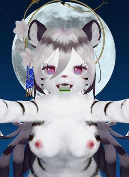 anthro areola black_stripes dominant dominant_female female female_anthro front_view full_moon fur hair moon nipples solo stripes white_body white_fur white_hair madam_qin mahjong_soul mid-autumn_festival hannah_(mahjong_soul) felid mammal pantherine tiger 3d_(artwork) digital_media_(artwork) hi_res