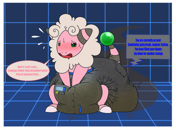 ambiguous_gender anthro big_diaper blush blush_lines bodily_fluids border clothed clothing color_coded color_coded_speech_bubble color_coded_text dialogue diaper diaper_only excessive_feces feces floor flying_sweatdrops fur green_eyes grey_body grey_fur hand_on_diaper hyper hyper_feces hyper_soiling mouth_scar multicolored_body multicolored_fur narrowed_eyes open_mouth pink_body pink_fur pooping progress_bar progress_display punishment soiled_diaper soiling soiling_diaper solo speech_bubble standing stink_fumes striped_ears sweat sweatdrop tan_body tan_fur tan_wool text three-quarter_view tile tile_floor tile_wall tired topless touching_diaper unclean_diaper used_diaper wall_(structure) wearing_diaper white_border wool_(fur) tenerius nintendo pokemon flaaffy generation_2_pokemon pokemon_(species) 2024 absurd_res character_name english_text full-length_portrait hi_res portrait