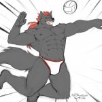 abs anthro ball black_body black_fur bulge eye_patch eyewear fur hair jumping looking_at_viewer male muscular muscular_anthro muscular_male nipples red_eyes red_hair solo sport volleyball volleyball_(ball) itsdhani canid canine canis mammal wolf 1:1 hi_res signature