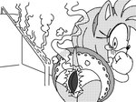 anthro bodily_fluids burn butt butt_on_fire clothing female fire gloves guard_rail handwear panties smoke solo tears torn_clothing torn_panties torn_underwear underwear wardrobe_malfunction mario-grant sega sonic_the_hedgehog_(series) amy_rose eulipotyphlan hedgehog mammal 2022 dithering greyscale monochrome