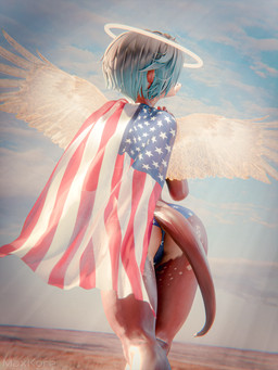 american_flag anthro back_wings band-aid band-aid_on_face bandage bandage_on_face bikini black_hair brown_body brown_fur butt clothing cloud female field flag_bikini flag_swimwear fur glowing glowing_wings hair halo highlights_(coloring) holidays light light_beam nature obscured_eyes outside pose rear_view sky solo spread_wings sun sunbeam sunlight swimwear tail translucent translucent_clothing two-piece_swimsuit united_states_of_america wearing_flag wings maxkore 4th_of_july karlie_manara mammal mustelid otter 3d_(artwork) digital_media_(artwork) hi_res signature