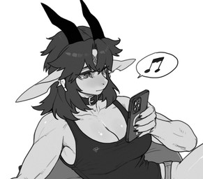 anthro biped black_horn breasts cellphone claws cleavage clothed clothed_anthro clothed_female clothing collar electronics female fingers front_view fur hair holding_object holding_phone horn phone simple_background sitting smartphone solo white_background pgm300 mythology chabett dragon mythological_creature mythological_scalie scalie 2026 digital_drawing_(artwork) digital_media_(artwork) monochrome sketch
