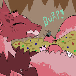 anthro belly big_belly breasts burping cave clothed clothing crown emerald_(gem) eyelashes eyes_closed female female_pred gas gem gold_(metal) hat headgear headwear non-mammal_breasts open_mouth panties red_body red_skin ruby_(gem) sapphire_(gem) skimpy solo spade_tail tail treasure treasure_hoard underwear vore andeddo3boo mythology towergirls dragon_princess dragon mythological_creature mythological_scalie scalie 1:1 digital_media_(artwork) hi_res