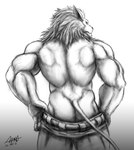 2020 bandai_namco biceps bottomwear bottomwear_down butt clothed clothing digimon digimon_(species) hi_res leomon looking_at_viewer looking_back male mane monochrome muscular pants pants_down partially_clothed rear_view solo topless xvrox