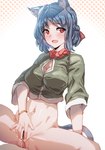 blue_hair bodily_fluids bottomless breasts censor_bar clothed clothing female genital_fluids genitals hair ineffective_censorship masturbation navel pussy red_eyes shirt solo topwear vaginal vaginal_fluids vaginal_masturbation bow_(artist) animal_humanoid cat_humanoid felid felid_humanoid feline feline_humanoid humanoid mammal mammal_humanoid 2022 censored