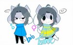 anthro clothed clothing duo female fur hair male simple_background text topwear white_body white_fur undertale undertale_(series) bob_(undertale) temmie_(undertale) canid canine felid feline mammal tem