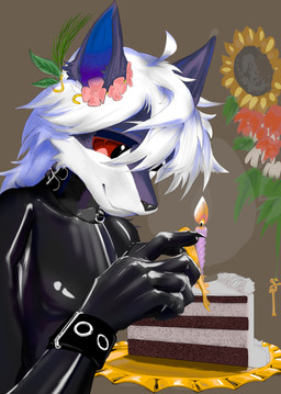 anthro birthday_cake cake dessert food gentle_maledom happy latex male solo unknown_artist canid canine canis mammal wolf hi_res