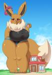2019 ambiguous_gender anthro anthrofied big_breasts big_ears black_body black_fur black_hair black_nose blush breasts brown_body brown_fur building canid clothed clothing dewlap_(anatomy) dipstick_tail extreme_size_difference female flower fluffy_mane fur generation_8_pokemon gigantamax_eevee gigantamax_pokemon hair hi_res holding_character house human kify larger_anthro larger_female mailbox mammal markings micro micro_in_hand multicolored_tail nintendo pawpads plant pokemon pokemon_(species) pokemon_trainer pokemorph purple_eyes size_difference smaller_human smile solo tail tail_markings tan_body tan_fur
