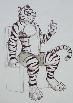 anthro bottomwear chair claws clothed clothing electronics eyewear facial_markings fur furniture glasses head_markings holding_object holding_phone male male_anthro markings mouth_closed on_chair phone rectangular_glasses sitting solo striped_arms striped_body striped_face striped_fur striped_legs stripes toe_claws topless hufnaar hufnaar_(character) felid mammal pantherine tiger monochrome traditional_media_(artwork)