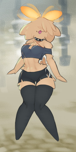 anthro bottomwear breasts brown_body brown_fur clothed clothing cosplay crop_top eyeless female fluffy fluffy_tail fur hotpants legwear midriff navel shirt shorts simple_background smile solo standing tail thigh_gap thigh_highs tongue tongue_out topwear wings vank_shush hellaverse helluva_boss hollow_knight:_silksong hollow_knight_(franchise) team_cherry loona_(helluva_boss) ambient_arthropod ambient_flea ambient_insect arthropod flea flea_(hollow_knight:_silksong) humanoid insect mammal digital_drawing_(artwork) digital_media_(artwork) full-length_portrait hi_res portrait shaded simple_shading