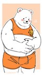 anthro biped black_nose blush bottomwear clothing crop_top male overweight overweight_male shirt shorts solo topwear white_body nekokat42 one_piece bepo_(one_piece) bear mammal minkmen_(one_piece) polar_bear ursine 2023