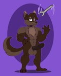 abs abstract_background anthro balls brown_body brown_fur brown_penis chest_tuft claws countershade_face countershade_torso countershading dipstick_ears ear_markings erection fur genitals green_eyes head_tuft male multicolored_ears muscular pecs penis solo tail tools tuft vein wrench blen_bodega rocky_(hajimesbeginning) canid canine canis mammal wolf absurd_res hi_res