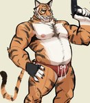 2023 anthro armpit_hair biped body_hair brown_body brown_fur brown_stripes bulge clothed clothing digital_media_(artwork) epic_games eyebrows felid fortnite fur gun holding_gun holding_object holding_ranged_weapon holding_weapon male mammal moon musclegut muscular navel nipples notched_ear orange_body orange_fur oscar_(fortnite) pantherine ranged_weapon smile solo speedo speedo_only striped_body striped_fur stripes swimwear tail tiger topless weapon whiskers white_body white_fur wolfador