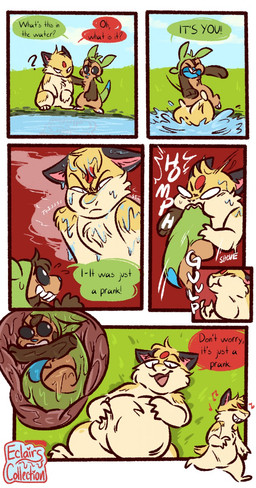 3_fingers ambiguous_gender belly black_sclera blue_nose brown_body brown_fur dialogue digestion duo fatal_vore feral fingers fur male musical_note musical_symbol onomatopoeia oral_vore prank question_mark smile sound_effects speech_bubble symbol tail text vore wet wet_body wet_fur yellow_body yellow_fur eclairscollection nintendo pokemon hymin_(hybrid-mind) striker_(blazingyoshi) chespin generation_2_pokemon generation_6_pokemon pokemon_(species) quilava comic digital_media_(artwork) english_text hi_res