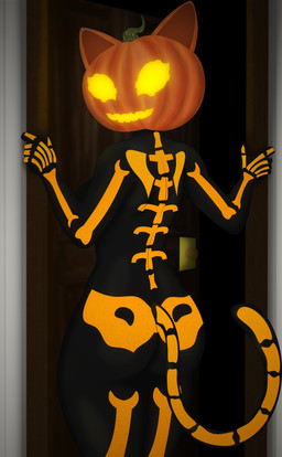 5_fingers anthro black_body black_clothing bone butt clothing door door_handle doorknob doorway female fingers food for_a_head fruit glistening glistening_clothing glistening_skinsuit jack-o'-lantern looking_at_viewer looking_back plant pumpkin pumpkin_head skeleton_bodypaint skinsuit smile smiling_at_viewer solo tail tight_clothing adlm13 epic_games fortnite spice_(fortnite) felid feline mammal object_head absurd_res digital_drawing_(artwork) digital_media_(artwork) hi_res