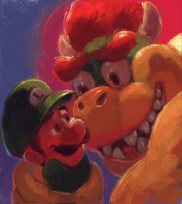 anthro black_facial_hair black_mustache clothed clothed_human clothed_male clothing duo eyebrows facial_hair green_clothing green_shirt green_topwear hair hat headgear headwear holding_another king larger_anthro larger_male light male male/male mustache open_mouth red_eyebrows royalty shirt short_hair size_difference smaller_human smaller_male smile smiling_at_another tan_body tan_skin thick_eyebrows topwear perlovka38 mario_bros nintendo bowser luigi human koopa mammal scalie 2026 colored hi_res lighting painting_(artwork) shaded