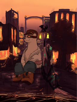 anthro bottomwear clothed clothing detailed_background group hat headgear headwear male outside pants shirt sitting solo_focus topwear water shirokumaou mammal mustelid otter 2015