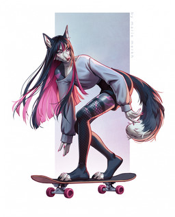 anthro black_hair cheek_tuft clothed clothing eyelashes facial_tuft female fishnet_clothing fishnet_legwear fur grey_body grey_fur hair inner_ear_fluff legwear long_hair markings mouth_closed pink_eyes pink_hair pink_markings pink_nose side_view simple_background skateboard solo topwear tuft vehicle white_clothing white_inner_ear_fluff white_topwear marie_merkh canid canine mammal hi_res