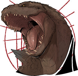 abstract_background ambiguous_gender bodily_fluids brown_body brown_scales glistening glistening_tongue mouth_shot open_mouth pupils red_tongue saliva saliva_string scales sharp_teeth slit_pupils solo tan_teeth teeth tongue unsigned swampjaws godzilla_(series) toho godzilla kaiju scalie