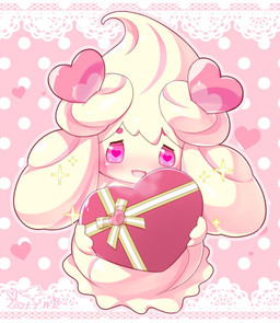 ambiguous_gender blush bodily_fluids breath candy_hearts cream_(food) drooling food front_view gift heart_box holidays looking_at_viewer not_furry nude offering_to_viewer open_mouth open_smile outline pattern_background pink_eyes pink_sclera ribbons saliva simple_background smile solo sparkles standing cotora nintendo pokemon valentine's_day alcremie food_creature food_humanoid generation_8_pokemon humanoid love_sweet_alcremie pokemon_(species) vanilla_cream_alcremie 2021 full-length_portrait hi_res portrait