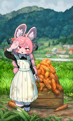 3_toes 5_fingers ahoge anklet anthro barefoot black_clothing bodily_fluids braided_pigtails carrot claws clothed clothed_anthro clothed_female clothing detailed_background dirt dirty dirty_clothing dress ear_piercing ear_ring feet female fingers flat_chested food fully_clothed fully_clothed_anthro fully_clothed_female fur grass hair inner_ear_fluff jewelry maid_uniform outside paws piercing pink_body pink_fur pink_hair plant red_eyes ring_piercing solo sweat toes tuft uniform vegetable white_clothing peppergecko72 mihoyo zenless_zone_zero zhao_(zenless_zone_zero) lagomorph leporid mammal rabbit thiren 2026 absurd_res hi_res