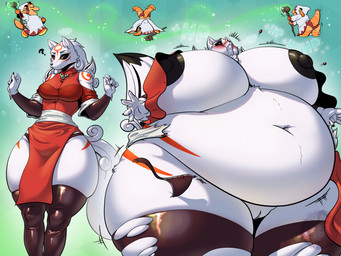 anthro anthrofied black_sclera breasts butt button_(fastener) button_pop claws clothing dipstick_tail expansion female finger_claws forehead_mark fur hood inflation jewelry legwear magic markings morbidly_obese navel necklace nipples obese overweight panties red_markings robe staff tail tail_markings thigh_highs torn_clothing torn_panties torn_thigh_highs torn_underwear underwear wardrobe_malfunction white_body white_fur yellow_eyes tuzzleton capcom final_fantasy okami_(capcom) square_enix amaterasu_(okami) jazz_(tuzzleton) mage_(final_fantasy) white_mage_(final_fantasy) canid canine canis deity lizard mammal reptile scalie wolf 2025 digital_media_(artwork) hi_res