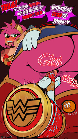 anthro armband big_breasts big_butt blush boots breasts butt camera clothed clothing cosplay crossover_cosplay crown dialogue female footwear genitals gloves green_eyes hammer handwear headgear looking_back masturbation no_underwear pink_body shoes solo speech_bubble superhero_costume text tiara tools vulva penlink sega sonic_the_hedgehog_(series) amy_rose wonder_woman eulipotyphlan hedgehog mammal crossover english_text hi_res