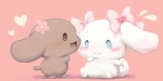 :3 beady_eyes blue_eyes blush brown_body brown_eyes brown_fur chibi duo female fur hair_decoration heart_symbol long_ears male red_background simple_background white_body white_fur huyumikann cinnamoroll sanrio cinnamon_(cinnamoroll) mocha_(cinnamoroll) canid canine canis domestic_dog mammal 2015 2:1 digital_media_(artwork) digital_painting_(artwork)