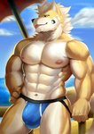 anthro beach black_sclera bulge clothed clothing countershading fur glistening glistening_clothing glistening_jockstrap glistening_underwear jockstrap jockstrap_only male muscular muscular_anthro muscular_male navel nipples pink_nipples pupils seaside solo tongue tongue_out topless underwear underwear_only yellow_body yellow_fur yellow_pupils kult2k canid canine mammal absurd_res hi_res