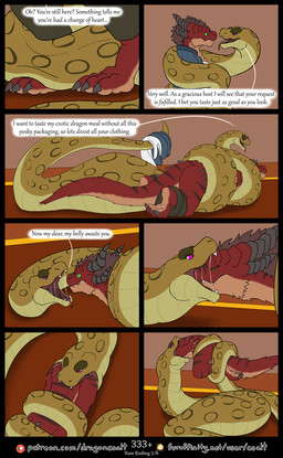 7_panel_comic abdominal_bulge anthro anthro_prey barefoot black_horn bodily_fluids bottomwear clothing dialogue eye_contact feet female female_pred feral feral_pred fur furaffinity_logo green_eyes group head_first head_in_mouth horn jacket larger_pred looking_at_another male male_prey nude open_mouth oral_vore overbite page_number pants partially_inside patreon_logo prehensile_tail purple_eyes red_body red_fur saliva saliva_string scales size_difference speech_bubble spiked_tail spikes spikes_(anatomy) tail tan_body tan_fur text topwear trio undressing_another unseen_prey ventral_scales vore yellow_body yellow_scales rimentus furaffinity mythology patreon coalt vess_(rimentus) anaconda boa_(snake) boinae dragon furred_dragon furred_scalie mythological_creature mythological_scalie reptile scalie snake wingless_dragon comic english_text hi_res multiple_scenes url