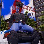 anthro car clothed clothing dialogue female front_view genitals hair looking_at_viewer motor_vehicle outside partially_clothed police police_car police_uniform police_vehicle public public_nudity pussy smile solo teeth text topwear uniform vehicle soskyee undertale undertale_(series) undyne fish humanoid marine 1:1 2022 3d_(artwork) digital_media_(artwork) english_text hi_res