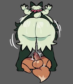 3_fingers ambiguous_fluids anthro anthro_on_anthro back_boob balls big_balls big_breasts big_butt bodily_fluids breasts brown_balls brown_body brown_fur brown_penis brown_tail butt dipstick_tail duo female female_anthro fingers fur genital_fluids genitals glistening glistening_balls glistening_butt glistening_genitalia glistening_penis green_body green_breasts green_fur green_tail grey_background huge_breasts huge_butt larger_female lying male male/female male_anthro markings on_back penis precum short_tail simple_background size_difference smaller_male sweat sweaty_butt tail tail_markings tan_tail_tip tunasnacks nintendo pokemon eevee generation_1_pokemon generation_9_pokemon meowscarada pokemon_(species) 2026 digital_media_(artwork)