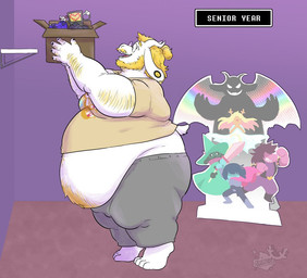 2_horns anthro arm_hair barefoot beard belly belly_expansion belly_hair big_belly big_butt blonde_beard blonde_facial_hair blonde_hair body_hair bottomwear box butt clothing container controller ear_piercing expansion eyewear facial_hair feet fupa fur glasses grey_bottomwear grey_clothing grey_pants hair horn huge_belly inside love_handles male moobs morbidly_obese morbidly_obese_anthro morbidly_obese_male mustache obese obese_anthro obese_male overweight overweight_anthro overweight_male pants piercing purple_wall solo standing sweatpants tan_clothing tan_shirt tan_topwear thick_thighs topwear weight_gain white_body white_fur widewobblyproductions deltarune sega sonic_the_hedgehog_(series) undertale undertale_(series) asriel_dreemurr asriel_dreemurr_(god_form) kris_dreemurr mettaton miles_prower noelle_holiday ralsei susie_(deltarune) bovid caprine goat mammal