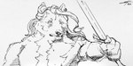 anthro ear_piercing fur hair hilt holding_object holding_weapon long_hair male melee_weapon neck_tuft piercing solo sword tuft weapon lupesilverwind canid canine canis mammal wolf hi_res monochrome