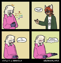 4_panel_comic ambiguous_gender anthro clothed clothing dialogue duo electronics embarrassed freckled_face freckles fur humor looking_at_another multicolored_body multicolored_fur phone pink_clothing pink_sweater pink_topwear purple_body purple_fur simple_background speech_bubble sweater talking_to_another text topwear white_body white_fur borealhao lamapola vinea_(lamapola) domestic_cat domestic_ferret felid feline felis mammal mustelid musteline true_musteline weasel comic digital_media_(artwork) english_text hi_res meme signature