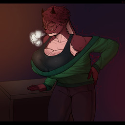 anthro antlers back_pain balls balls_as_fake_breasts black_bars bodily_fluids breath clothed clothing crossdressing fake_breasts genitals horn male solo sweat zytkal zytkal_(oc) jackalope lagomorph mammal absurd_res hi_res letterbox