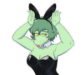 anthro big_breasts blep blush breasts bunny_costume clothed clothed_anthro clothed_female clothing collar costume embarrassed fake_ears female fingers freckled_arms freckled_breasts freckled_face freckles front_view green_body green_hair grey_eyes hair humanoid_hands looking_aside narrowed_eyes non-mammal_breasts pose raised_arms short_hair shy simple_background solo tongue tongue_out white_background big_daddy_(artist) cavemanon_studios i_wani_hug_that_gator olivia_halford baryonyx dinosaur prehistoric_species reptile saurischian scalie spinosaurid theropod colored half-length_portrait hi_res portrait shaded