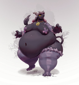 2_horns 3_toes 4_fingers anthro arm_warmers armwear belly big_belly big_breasts biped black_body black_ears black_eyes black_fur black_tail breasts clothed clothing cracked_ground deep_navel eyelashes feet female female_anthro fingers floppy_ears fur grey_horn hair holidays horn huge_belly huge_thighs jewelry legwear morbidly_obese morbidly_obese_anthro morbidly_obese_female mostly_nude_anthro mostly_nude_female navel necklace nipple_tape obese obese_anthro obese_female occult_symbol overweight overweight_anthro overweight_female pantsless pantsless_anthro pantsless_female pasties pentagram pentagram_necklace plantigrade purple_arm_warmers purple_armwear purple_clothing purple_hair purple_legwear purple_pasties purple_stockings purple_thigh_highs simple_background solo standing stockings symbol tail tail_tuft tape thick_thighs thigh_highs thin_tail toes tuft white_background wide_hipped_anthro wide_hipped_female wide_hips yellow_jewelry yellow_necklace yellow_sclera miluinaoxie christmas krampus bovid caprine caprine_demon demon goat_demon mammal 2022 colored english_description hi_res shaded