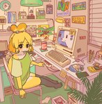 accessory anthro beverage beverage_can blonde_hair blush chair clothing computer condom desk detailed_background electronics female floppy_ears furniture hair hair_accessory legwear looking_at_viewer photo plant sexual_barrier_device sitting solo table text doremifaso64 animal_crossing dr_pepper game_boy game_boy_family nintendo isabelle_(animal_crossing) canid canine mammal english_text hi_res signature