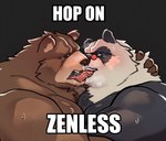 anthro barazoku black_background black_body black_fur blush bodily_fluids brown_body brown_fur duo eyewear fur glasses kissing making_out male male/male saliva simple_background snot sweat text white_body white_fur cocoronut hop_on_(meme) mihoyo zenless_zone_zero ben_bigger pan_yin_hu bear giant_panda mammal thiren 2025 english_text