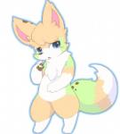 4_fingers anthro blue_eyes blush brown_pawpads fingers fur green_body green_fur multicolored_body multicolored_fur open_mouth outline pawpads paws simple_background solo standing tan_body tan_fur white_background white_body white_fur itameshi unknown_species