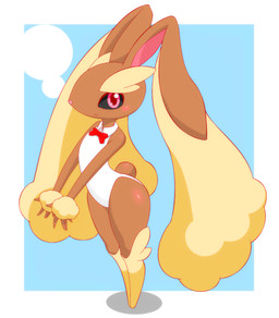 anthro bow_tie brown_body brown_fur clothing female fur leotard looking_at_viewer on_model pink_eyes pink_nose rabbit_ears red_bow_tie scut_tail short_tail side_view simple_background smile solo standing tail thick_thighs white_clothing white_leotard unknown_artist nintendo pokemon generation_4_pokemon lopunny pokemon_(species) hi_res