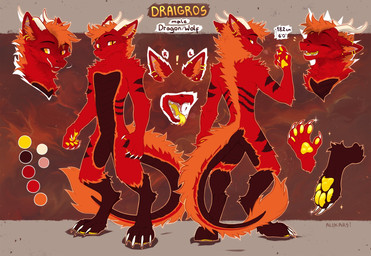 anthro claws ear_piercing fluffy fur horn male open_mouth orange_body orange_eyes orange_fur pawpads paws piercing red_body red_fur smile snout solo tail teeth tongue yellow_pawpads yellow_tongue alikars mythology canid canine canis dragon mammal mythological_creature mythological_scalie scalie wolf hi_res model_sheet