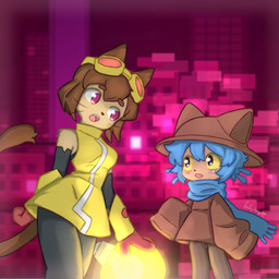 ambiguous_gender anthro brown_body brown_hair clothed clothed_anthro clothing curvy_figure duo eyewear eyewear_on_head female fur goggles hair hat headgear headwear looking_at_another open_mouth scarf tail tan_body tan_fur tan_skin whiskers young lonelywolfyboi gameoverse glitch_productions oneshot kit_bodega niko_(oneshot) animal_humanoid domestic_cat felid felid_humanoid feline felis humanoid mammal mammal_humanoid 1:1 absurd_res crossover hi_res