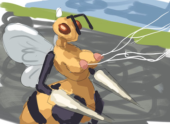 antennae_(anatomy) anthro bodily_fluids compound_eyes female insect_wings lactating milk nude pointy_breasts pokemorph projectile_lactation red_eyes solo stinger wings redustheriotact beedrill_string_shot_(meme) nintendo pokemon arthropod beedrill generation_1_pokemon insect pokemon_(species) hi_res meme sketch