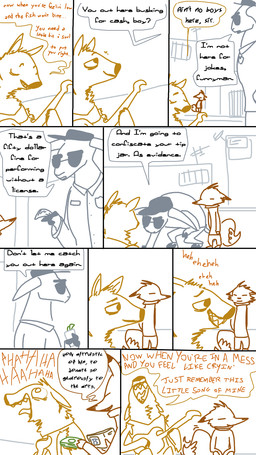 anthro badge clothed clothing dialogue electric_guitar eyes_closed fur group guitar happy humor laugh male money musical_instrument open_mouth playing_music plucked_string_instrument police police_uniform shirt singing smile stealing string_instrument teeth text tongue tongue_out topwear uniform wallet the_weaver disney pack_street zootopia charlie_(weaver) fan_character ozzy_(weaver) canid canine canis fox hyena mammal striped_hyena wolf 2016 comic digital_media_(artwork) english_text hi_res